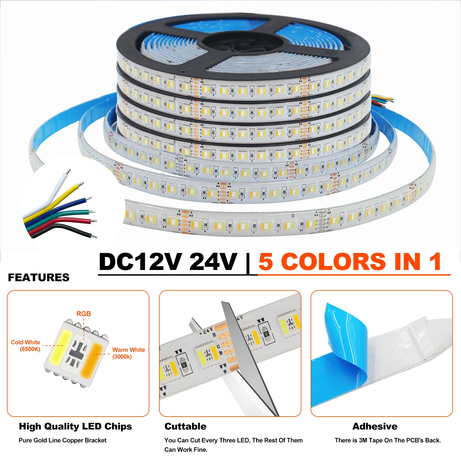 5 Colors In 1 Chip RGB CCT LED Strip DC 12V 24V SMD 5050 60 96 Leds/M TV BackLight Room Decor Flexible Ribbon Tape Rope Light 5M